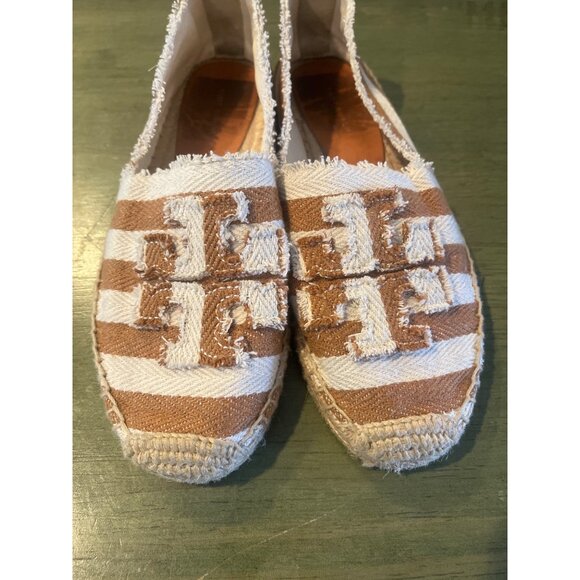 Tory Burch Striped Frayed Canvas Espadrilles With Logo Tan/White Womens Size 7 S - Picture 4 of 6